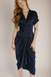 The Kyrie Satin Dolman Sleeve Midi Dress in Navy