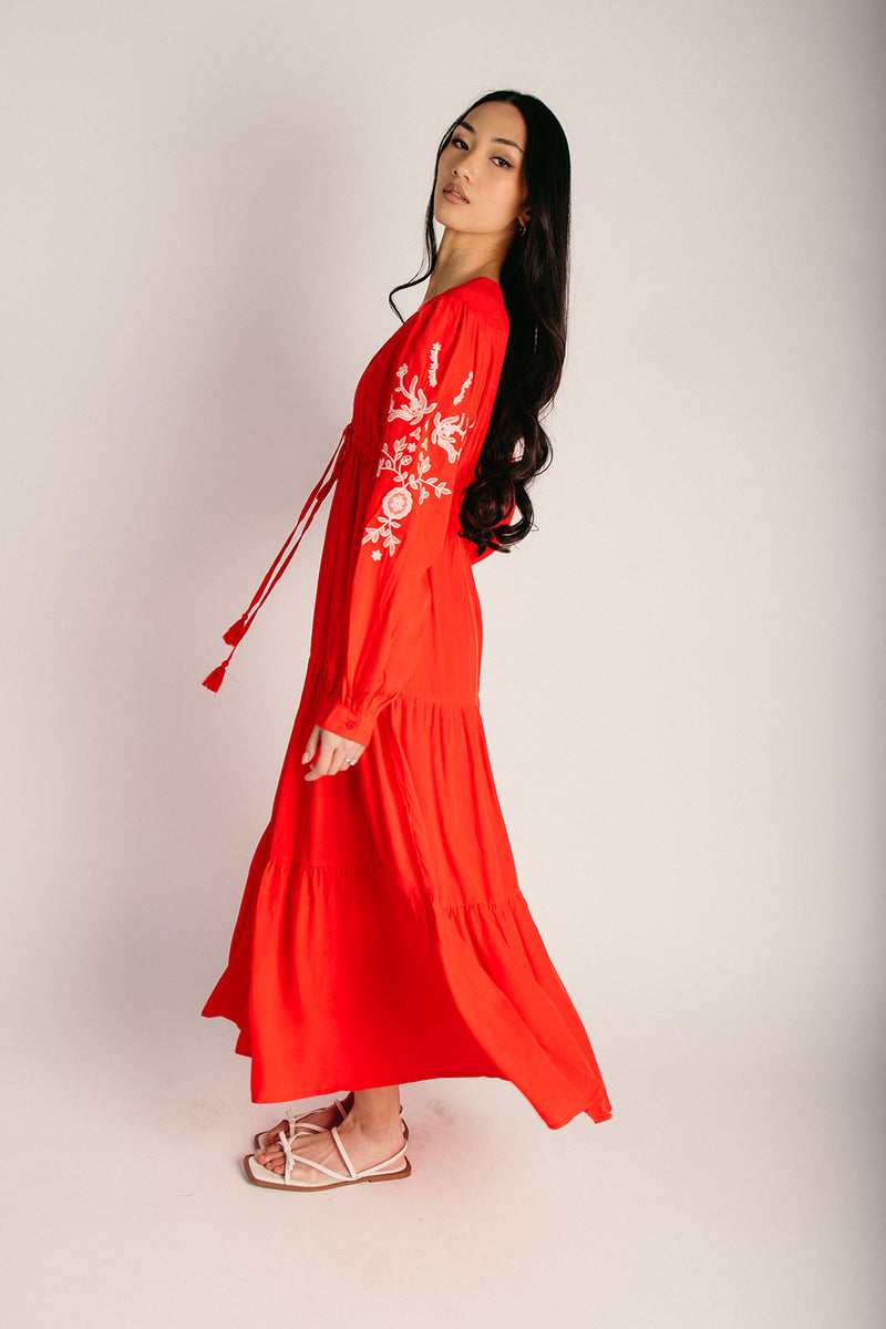 The Tennen Embroidered Maxi Dress in Chili Red – Piper & Scoot