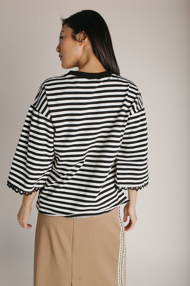 The Betsy Lace Trim Blouse in Black Stripe