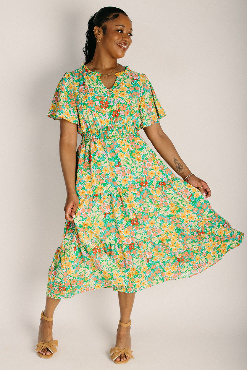 The Channa Smocked Waist Midi Dress in Green Floral Small