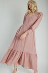 The Garvara Swiss Dot Button-Up Maxi Dress in Rose