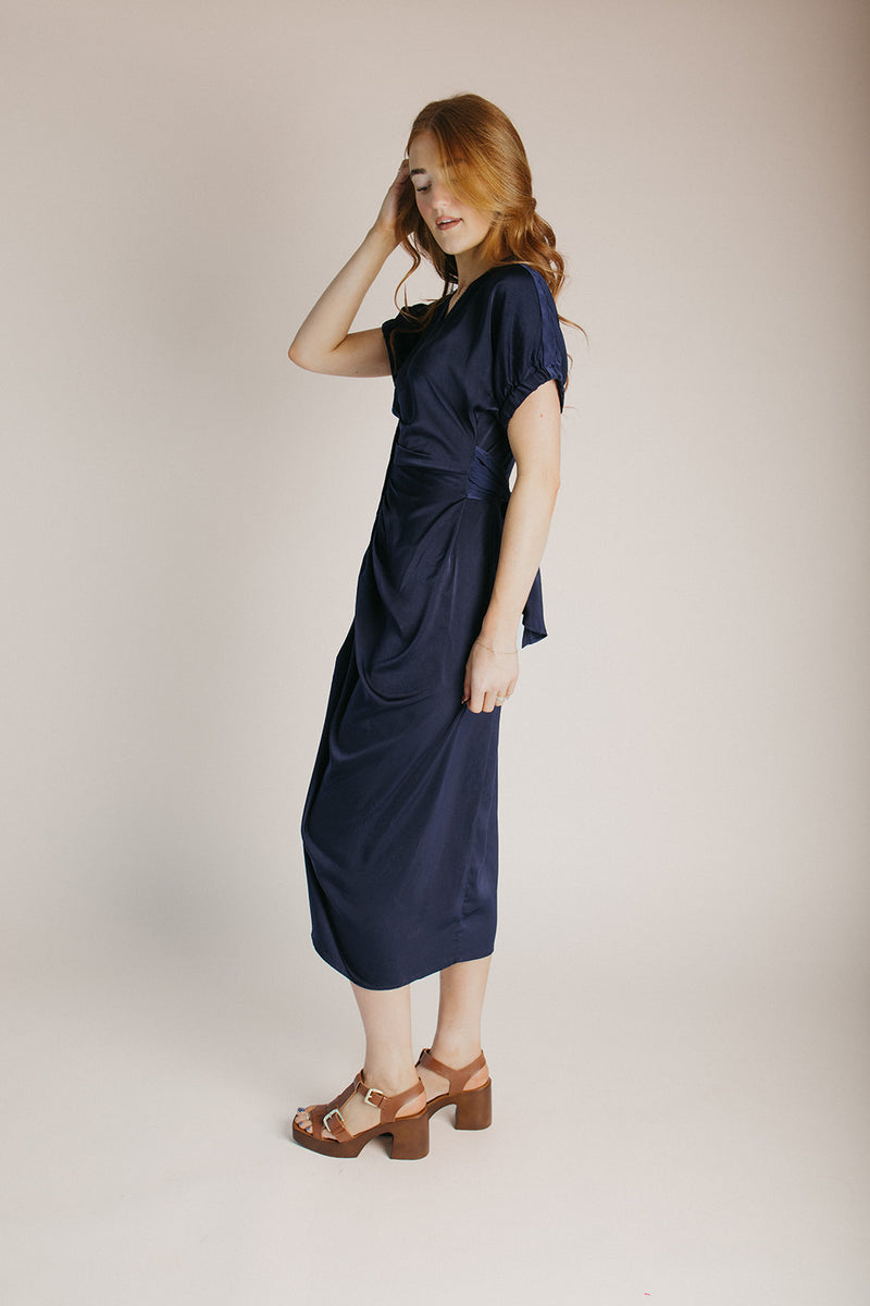 The Kyrie Satin Dolman Sleeve Midi Dress in Navy
