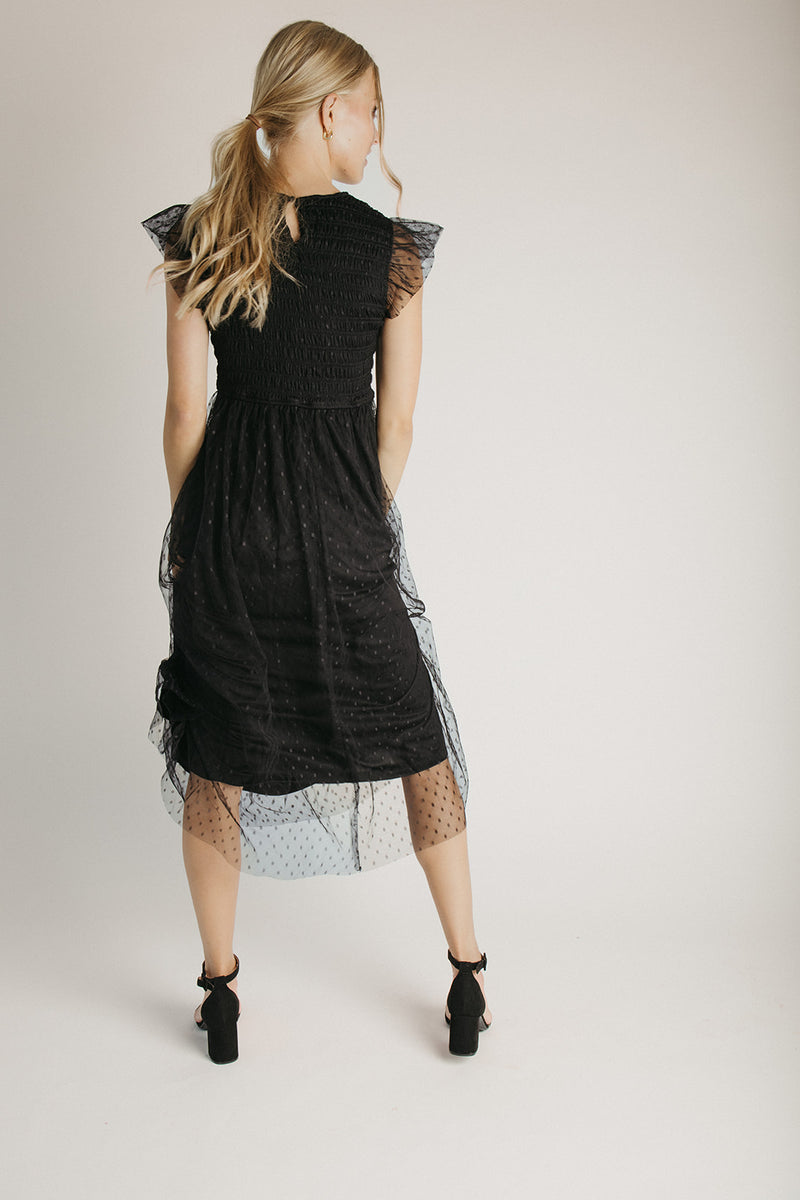 The Dawley Polka Dot Chiffon Midi Dress in Black