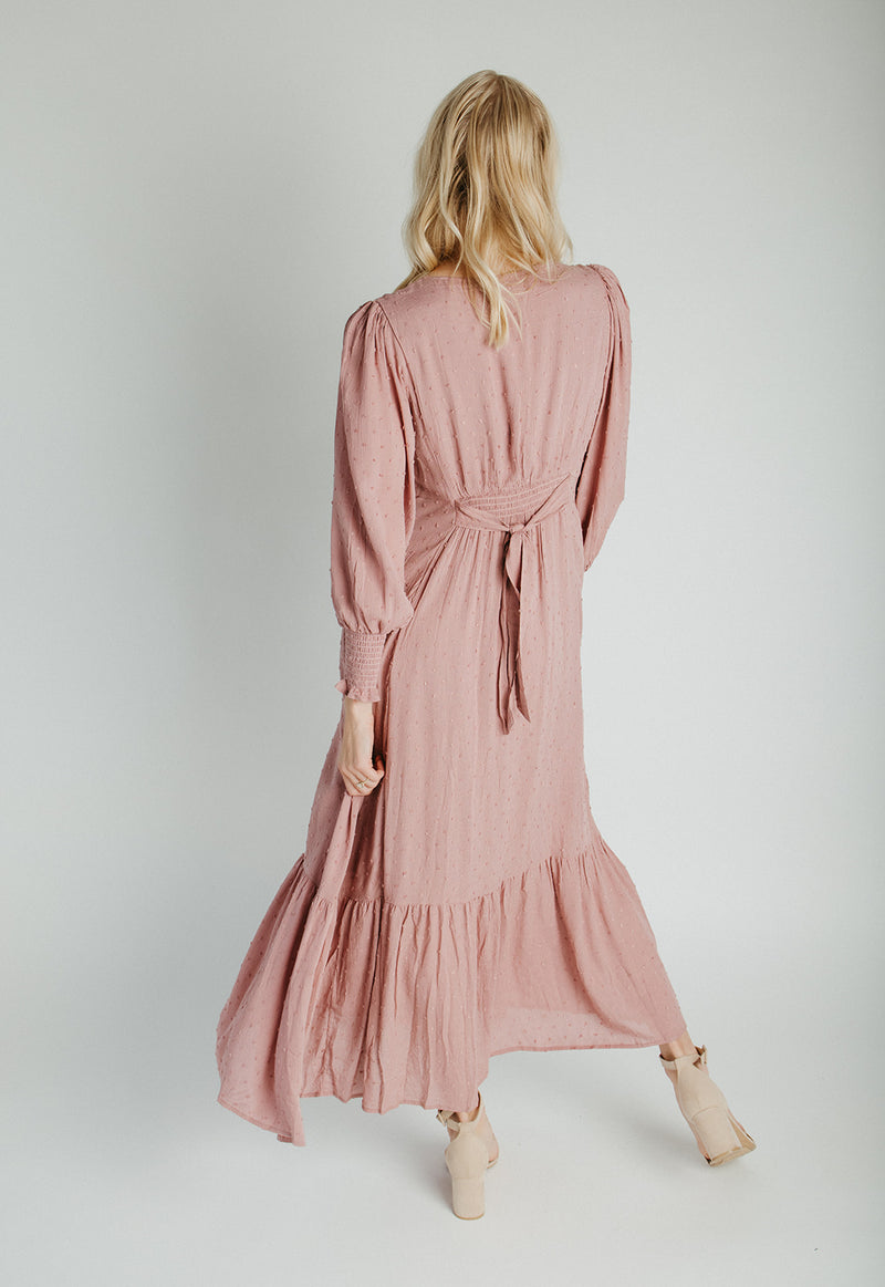 The Garvara Swiss Dot Button-Up Maxi Dress in Rose