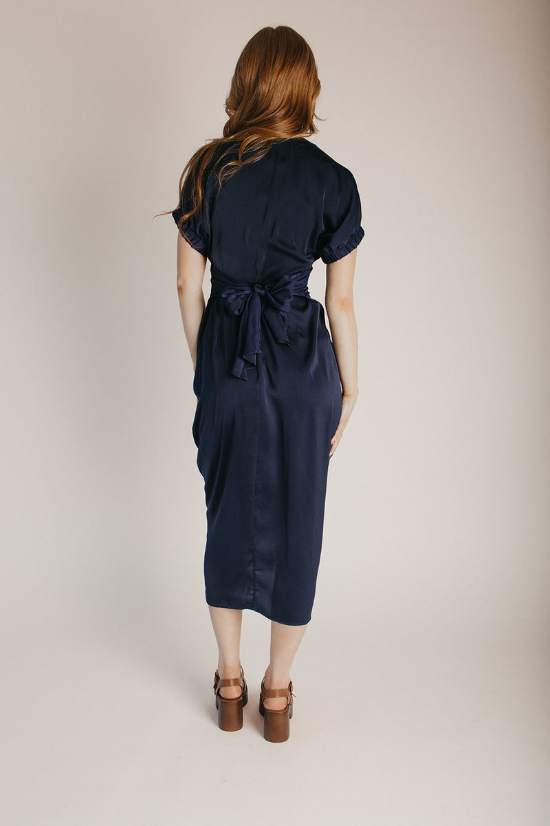 The Kyrie Satin Dolman Sleeve Midi Dress in Navy