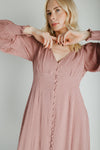 The Garvara Swiss Dot Button-Up Maxi Dress in Rose