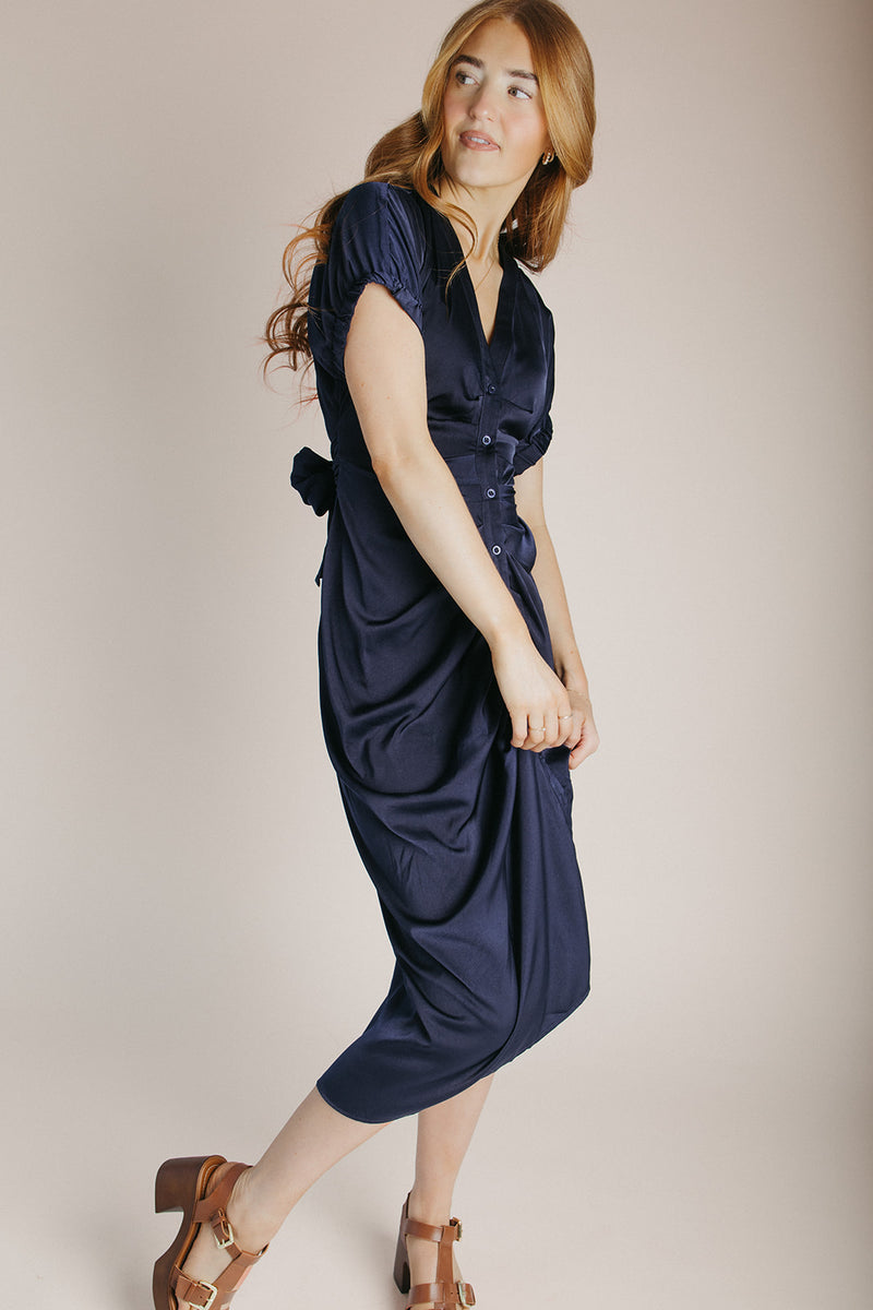 The Kyrie Satin Dolman Sleeve Midi Dress in Navy