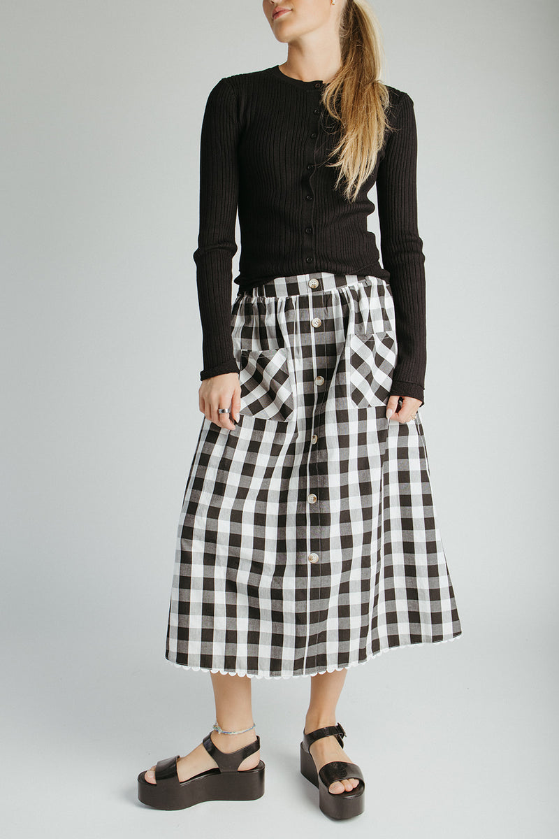 The Fiona Gingham Midi Skirt in Black