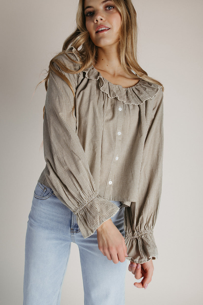 The Donaldson Gingham Ruffle Blouse in Sage