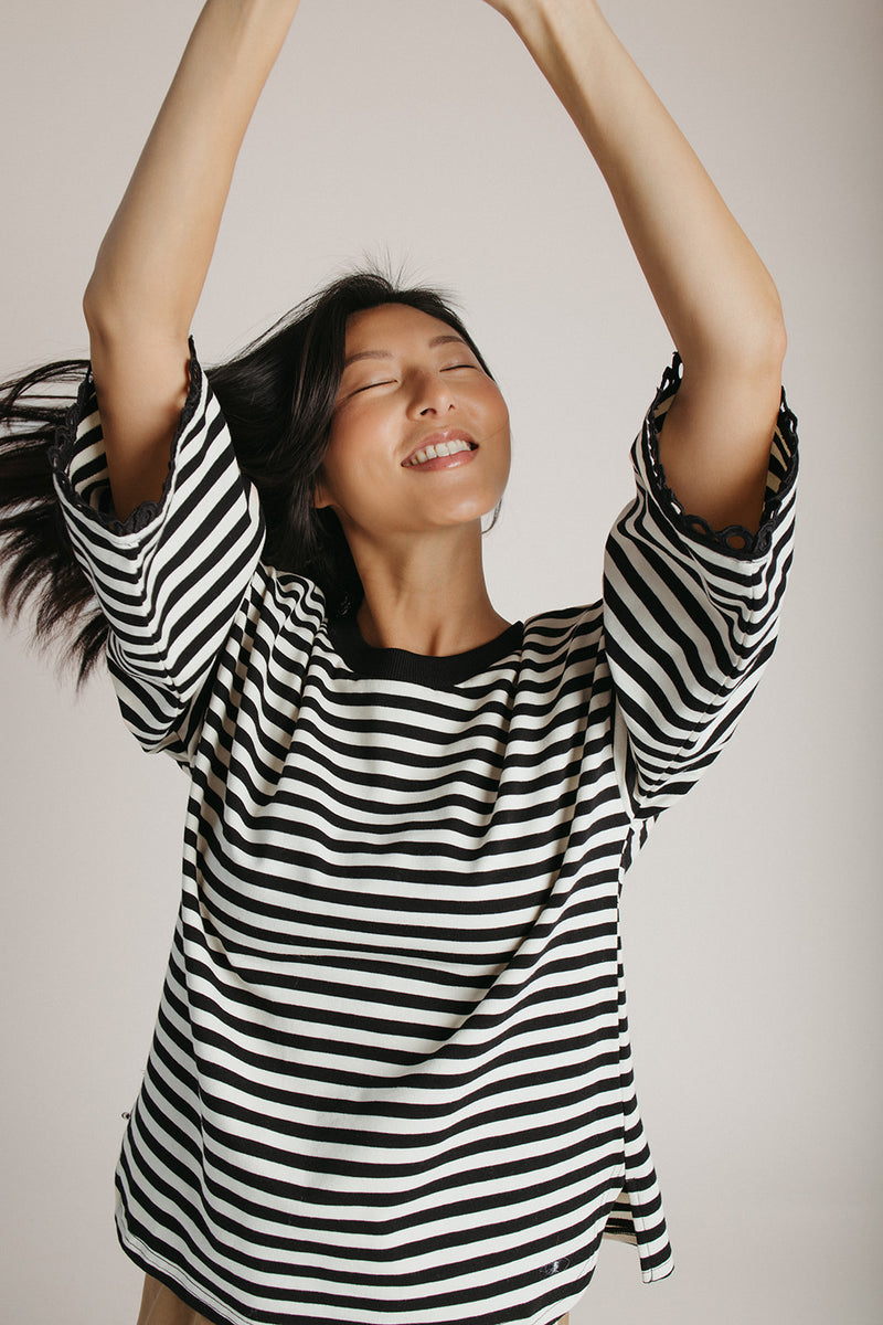 The Betsy Lace Trim Blouse in Black Stripe