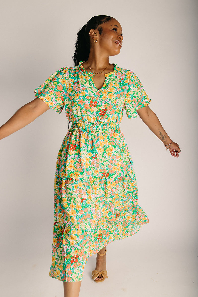 floral smocked waist midi dress Sail to Sable Smocked Waist Midi Dress