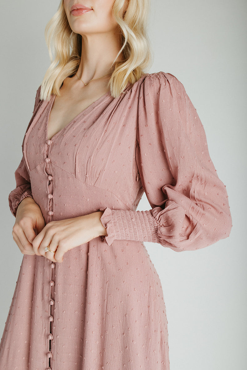 The Garvara Swiss Dot Button-Up Maxi Dress in Rose
