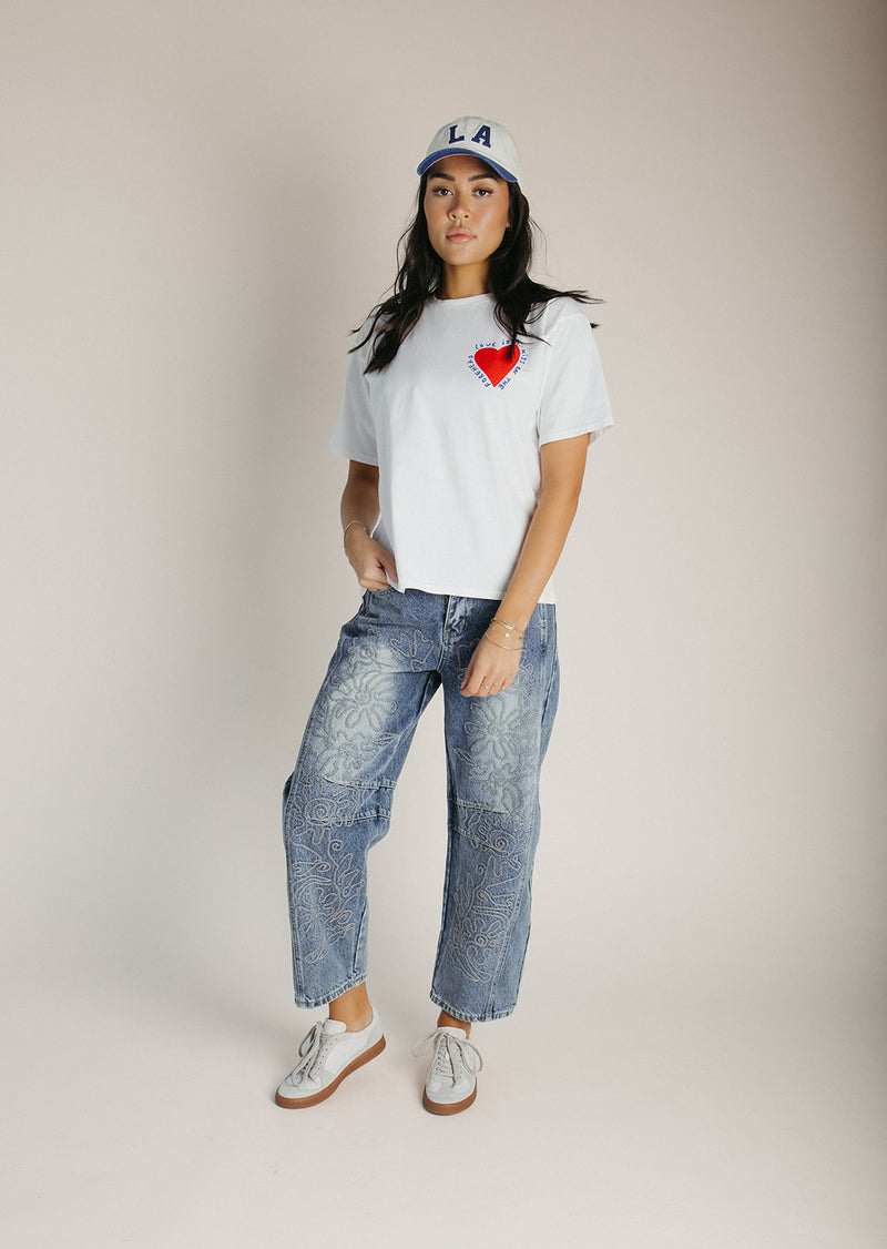 The Brianna Embroidered Barrel Jean in Medium Wash