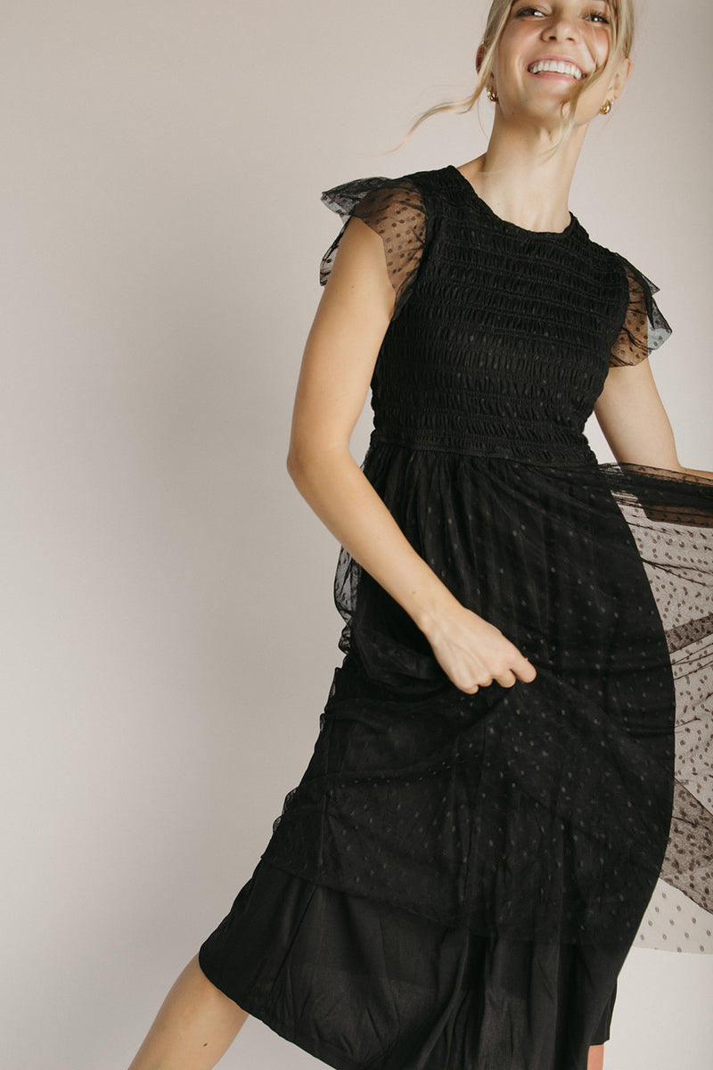 The Dawley Polka Dot Chiffon Midi Dress in Black