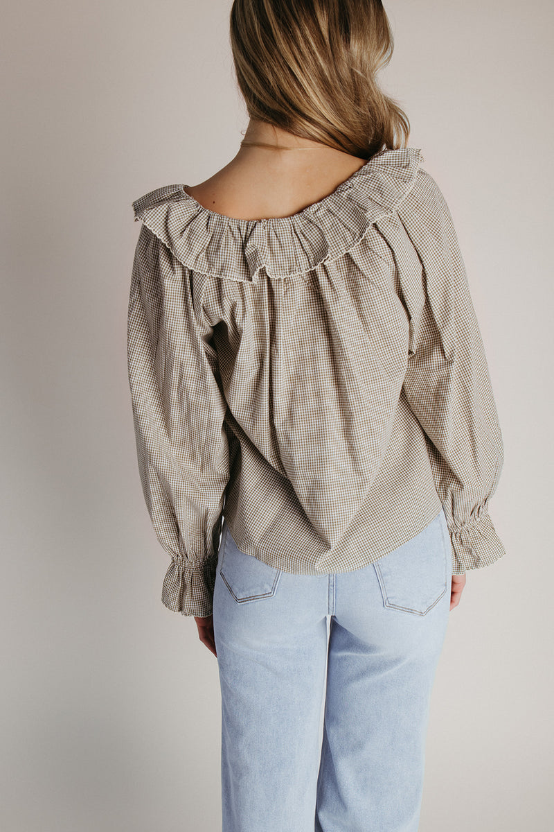 The Donaldson Gingham Ruffle Blouse in Sage