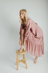 The Garvara Swiss Dot Button-Up Maxi Dress in Rose