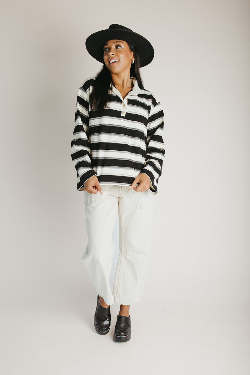 The Rosalie Striped Polo Blouse in Black Stripe