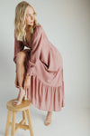 The Garvara Swiss Dot Button-Up Maxi Dress in Rose