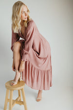 The Garvara Swiss Dot Button-Up Maxi Dress in Rose