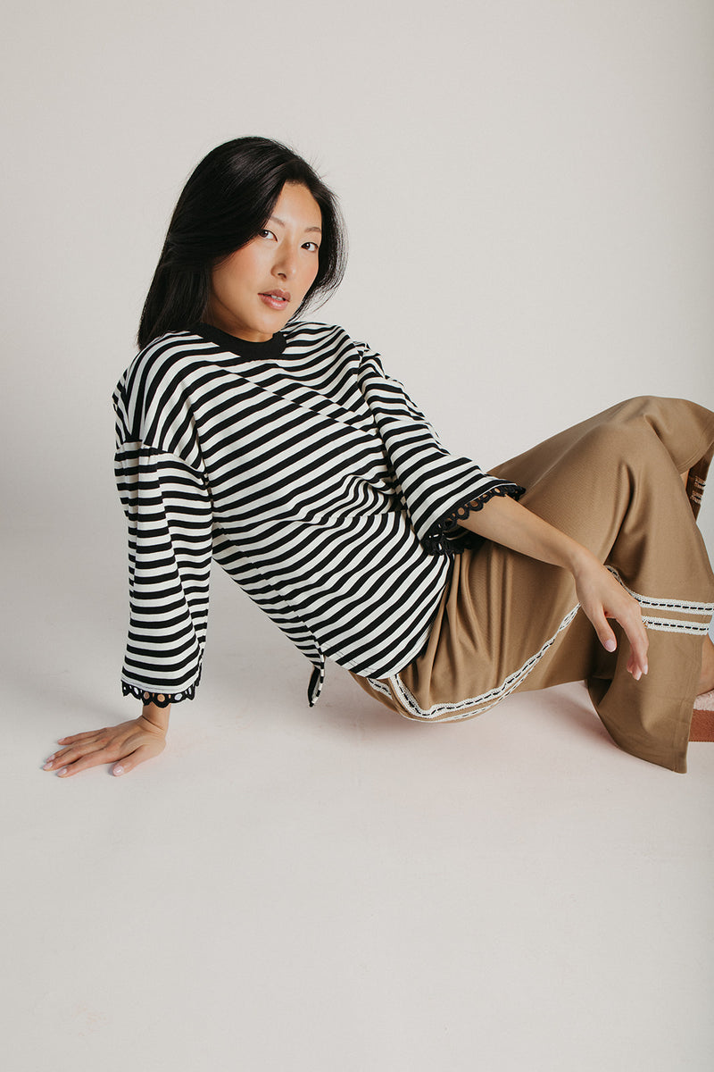 The Betsy Lace Trim Blouse in Black Stripe