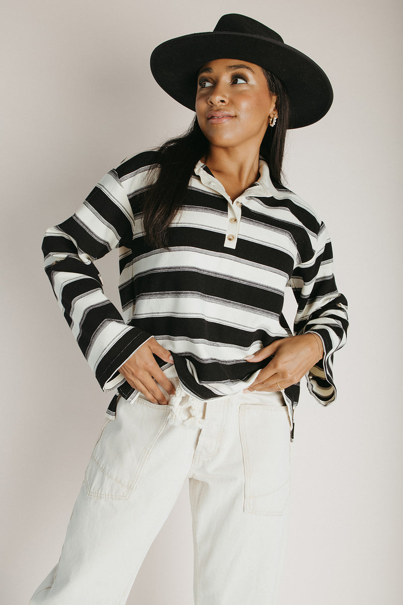 The Rosalie Striped Polo Blouse in Black Stripe