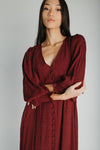 The Garvara Swiss Dot Button-Up Maxi Dress in Merlot