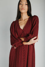 The Garvara Swiss Dot Button-Up Maxi Dress in Merlot