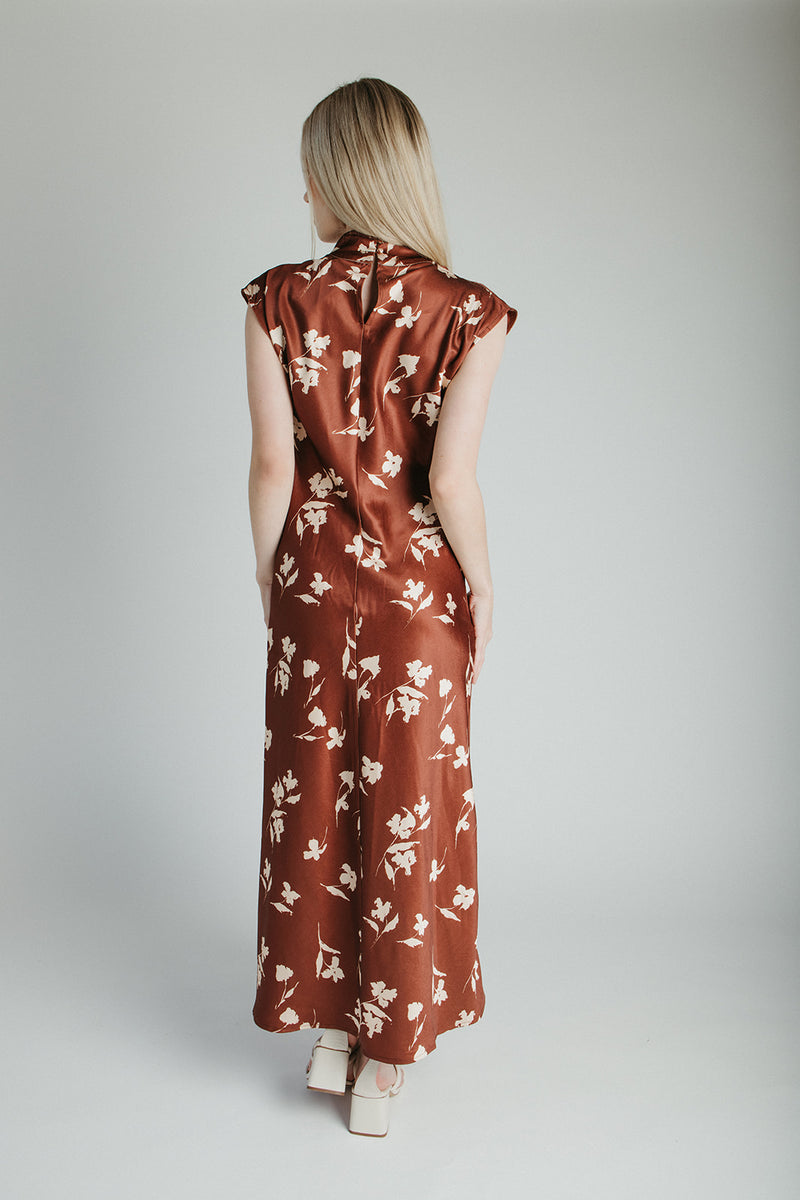 The Kendi Satin Mock Neck Maxi Dress in Brick