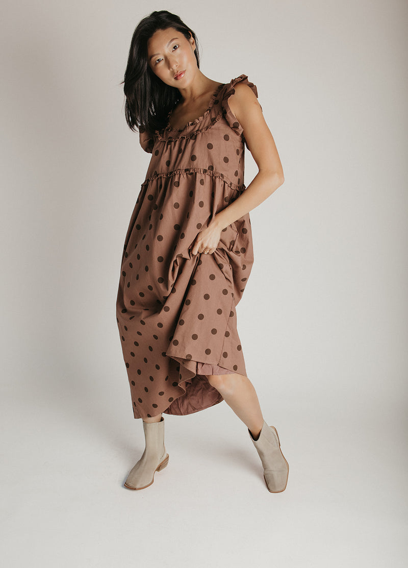 The Kimmy Ruffle Detail Midi Dress in Chocolate Dot