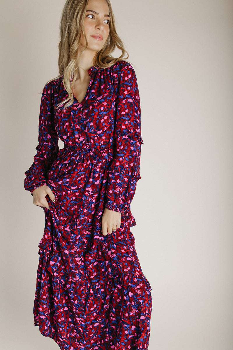 The Turma Tiered Maxi Dress in Burgundy + Pink