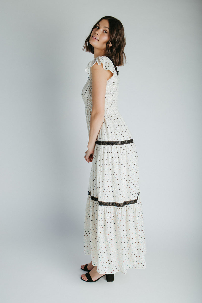 The Andrea Polka Dot Tiered Maxi Dress in Natural