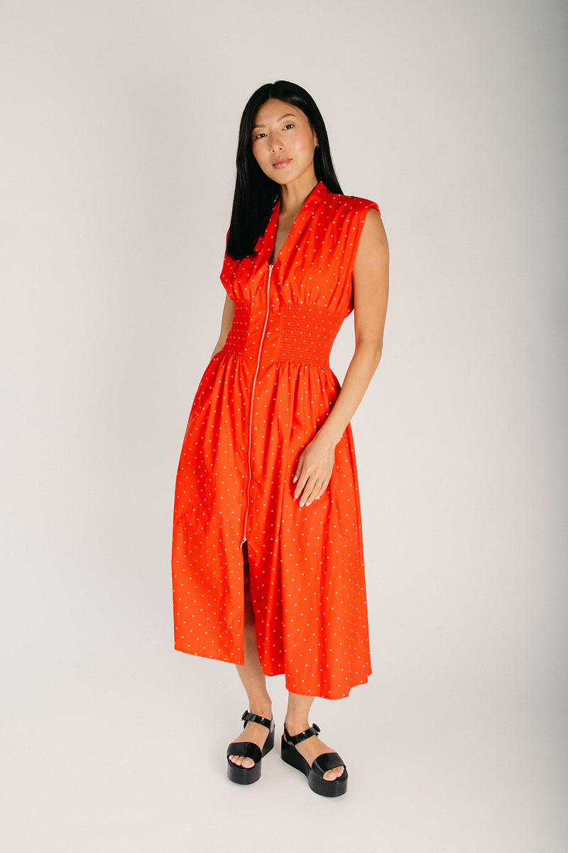 zipper midi dress The Evette Red Smocked Midi Dress - All Dresses