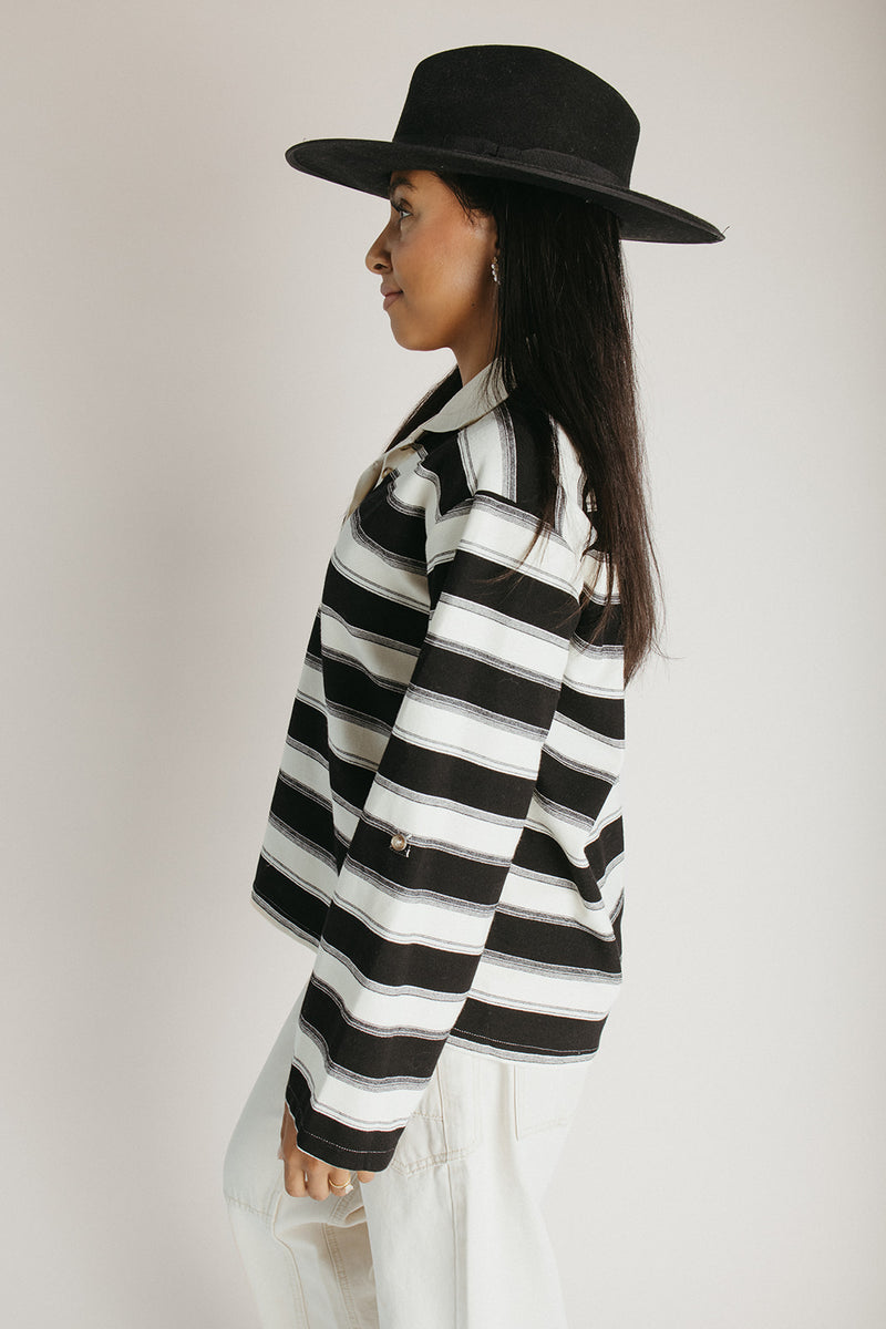 The Rosalie Striped Polo Blouse in Black Stripe