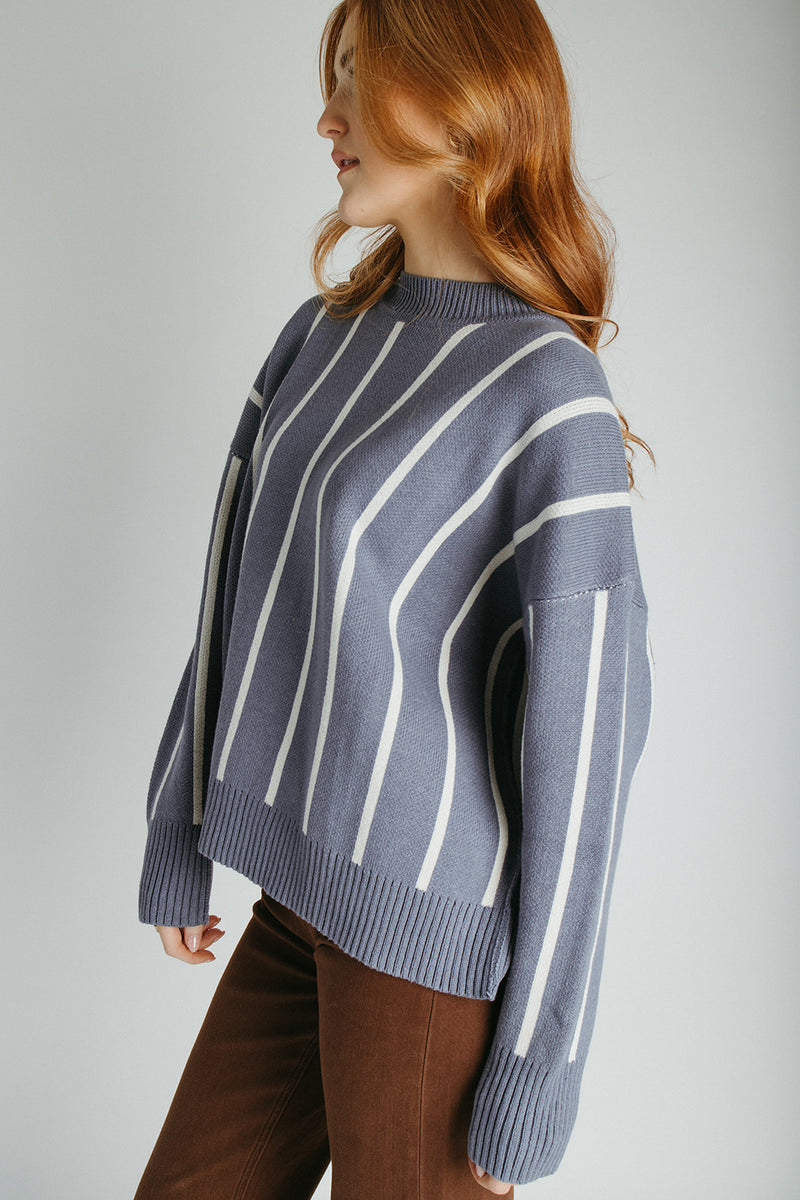 The Reagan Striped Crew Neck Sweater in Blue