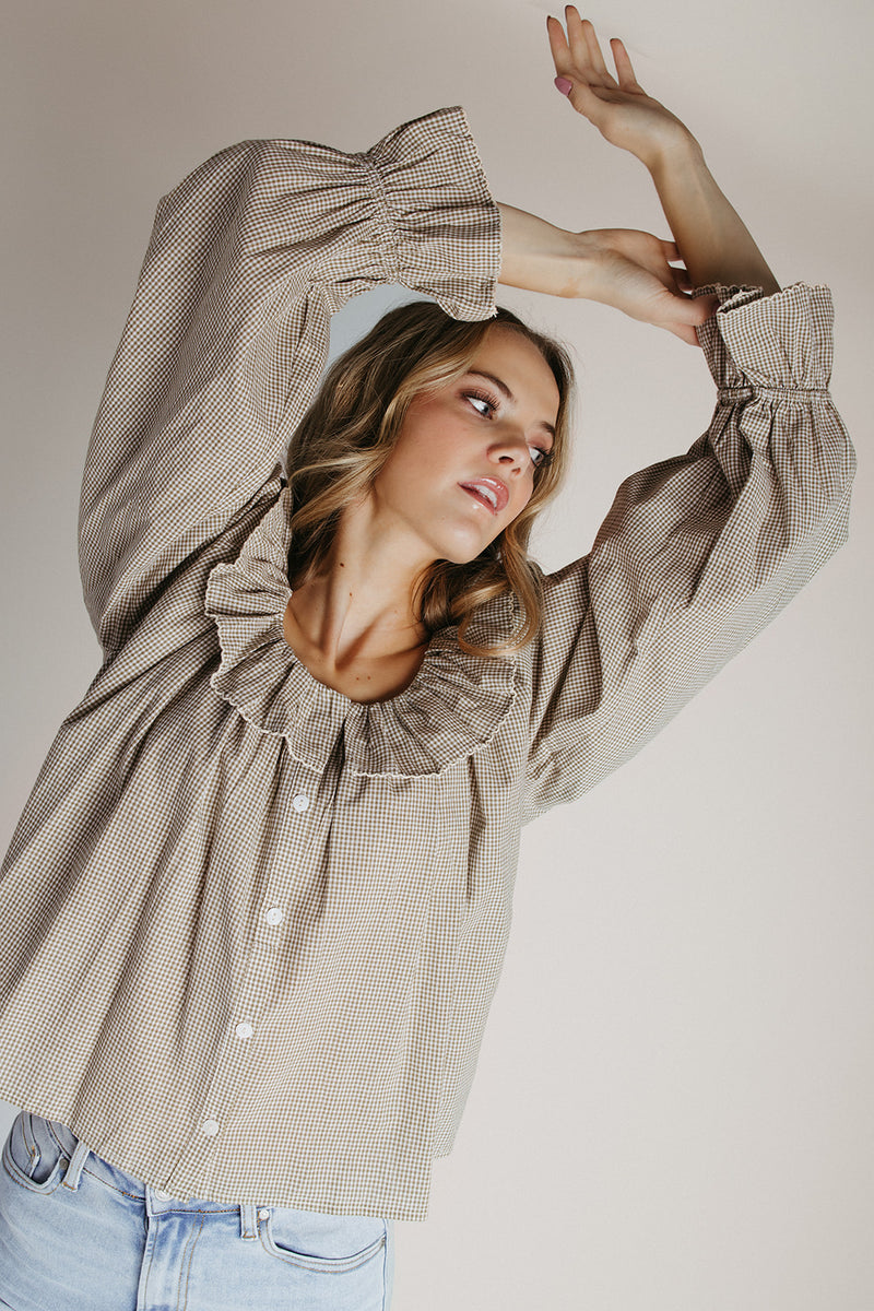 The Donaldson Gingham Ruffle Blouse in Sage