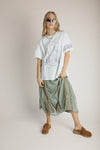 The Vanna Lace Panel Silk Maxi Skirt in Light Olive