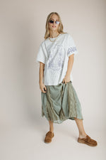 The Vanna Lace Panel Silk Maxi Skirt in Light Olive