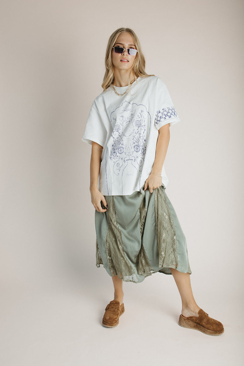 The Vanna Lace Panel Silk Maxi Skirt in Light Olive