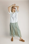 The Vanna Lace Panel Silk Maxi Skirt in Light Olive