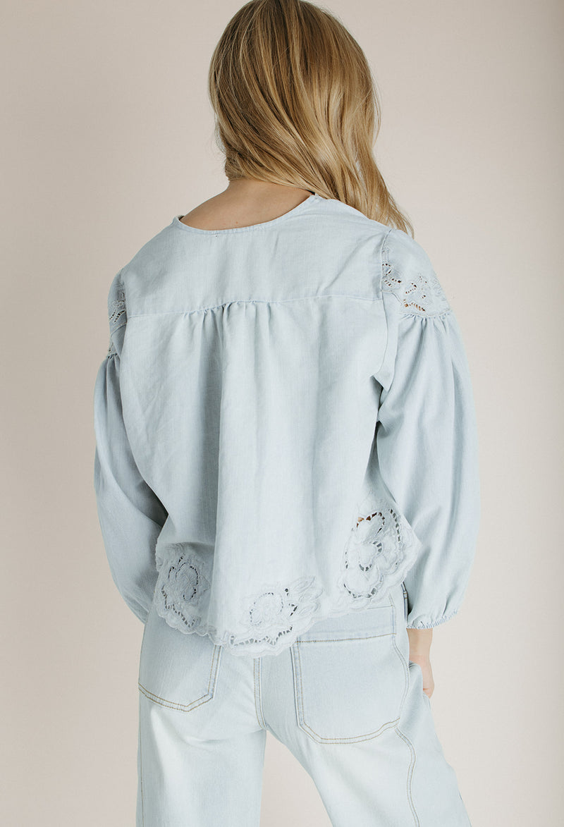 The Sanborn Embroidered Blouse in Denim
