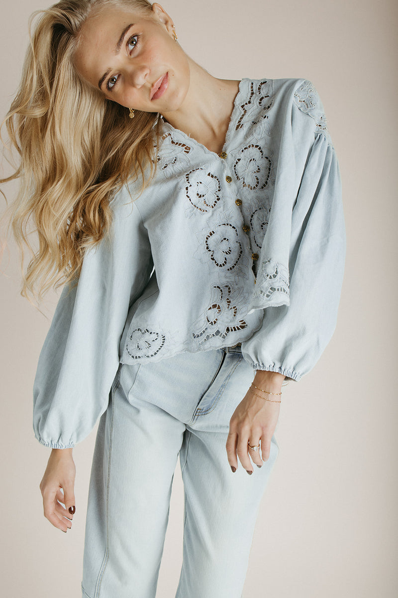 The Sanborn Embroidered Blouse in Denim