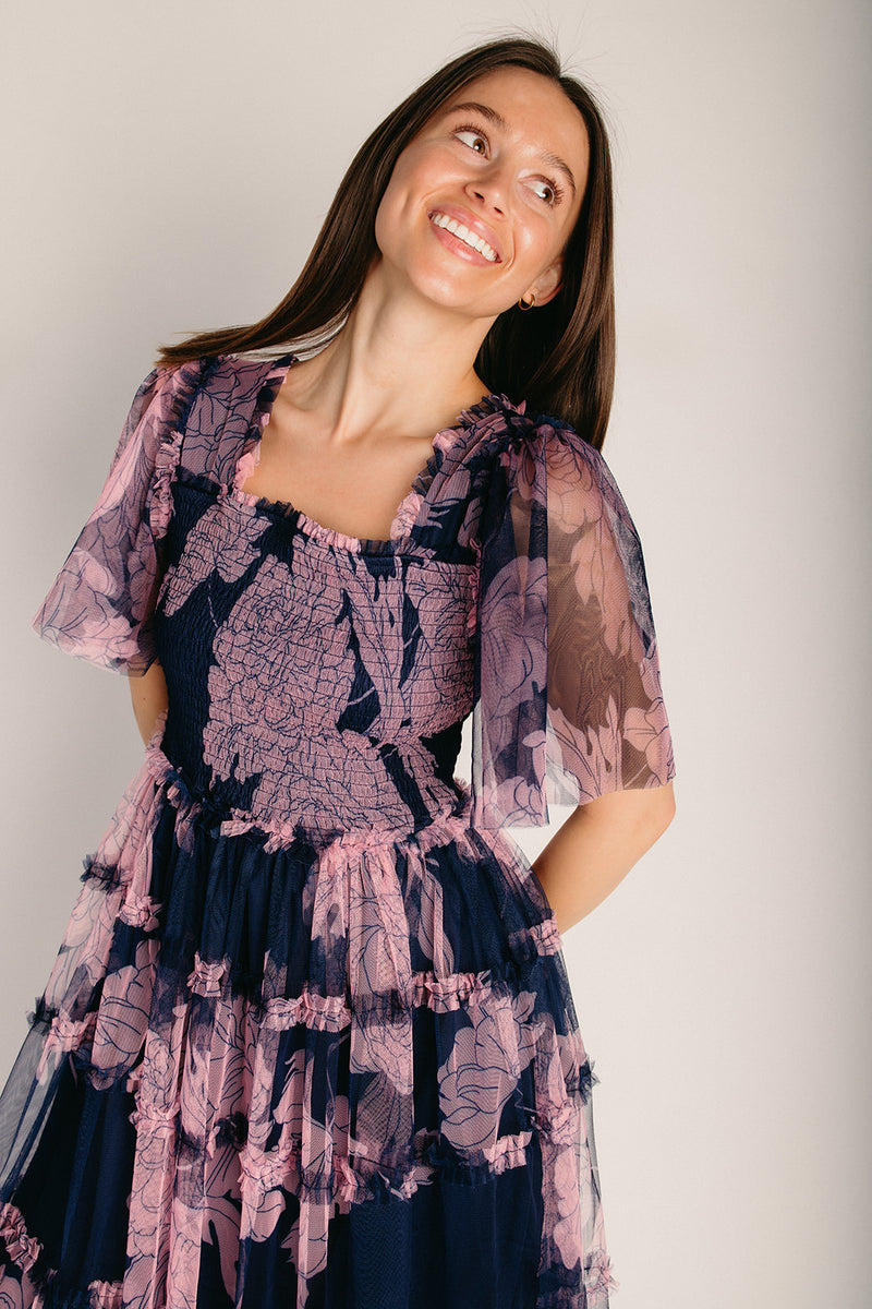 The Sunstrom Floral Ruffle Midi Dress in Navy – Piper & Scoot