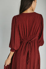 The Garvara Swiss Dot Button-Up Maxi Dress in Merlot
