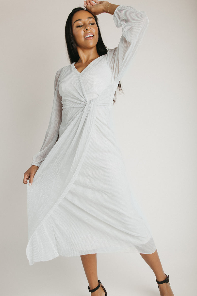 The Polzin Glitter Wrap Midi Dress in Pearl