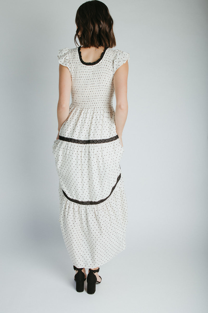 The Andrea Polka Dot Tiered Maxi Dress in Natural