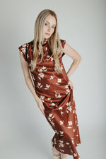 The Kendi Satin Mock Neck Maxi Dress in Brick
