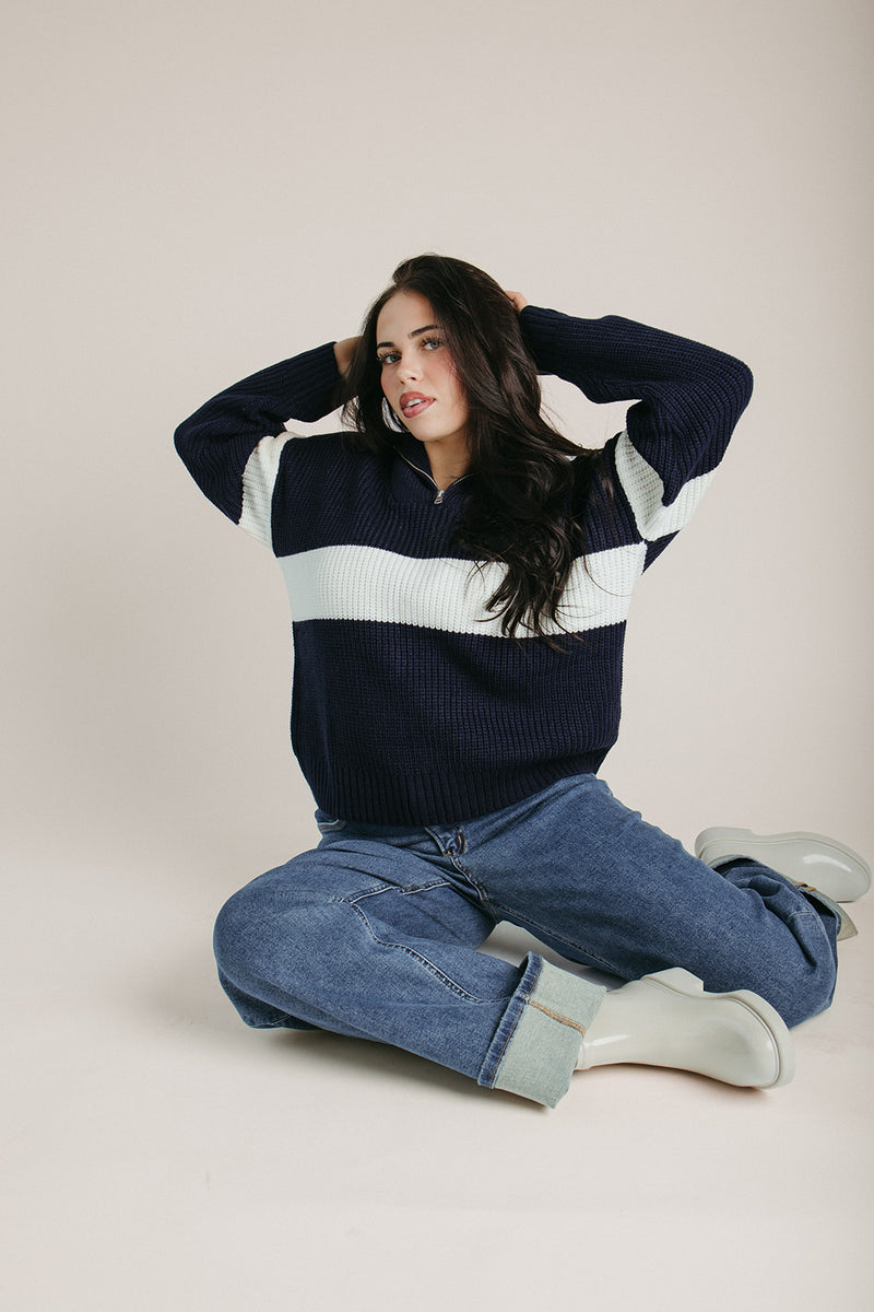 The Harrop Colorblock Half Zip Sweater in Navy + Ivory
