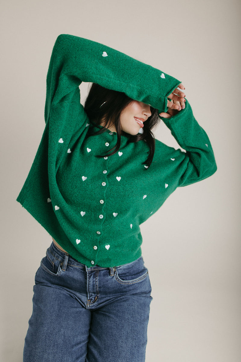 The Riggs Heart Embroidered Button-Down Sweater in Kelly Green + White