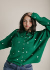 The Riggs Heart Embroidered Button-Down Sweater in Kelly Green + White
