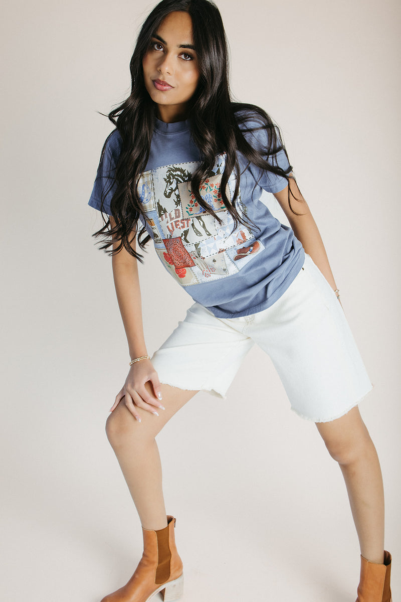The Patchwork Rodeo Tee in Denim Blue
